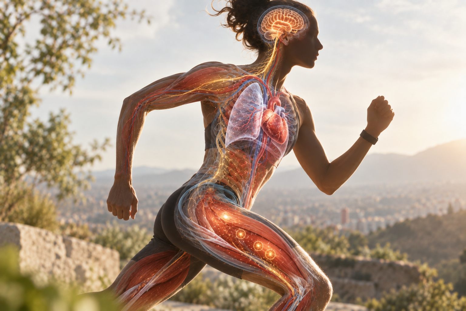 Persona corriendo con el cerebro, los músculos, el corazón y los pulmones visibles