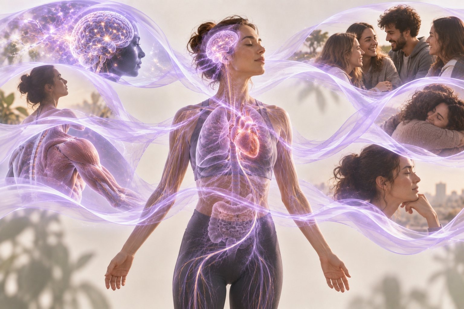 Persona y sistemas del cuerpo representando la conexión entre salud mental y salud física